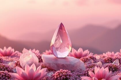 Cseresznyekvarc kristály rózsaszín virágok között