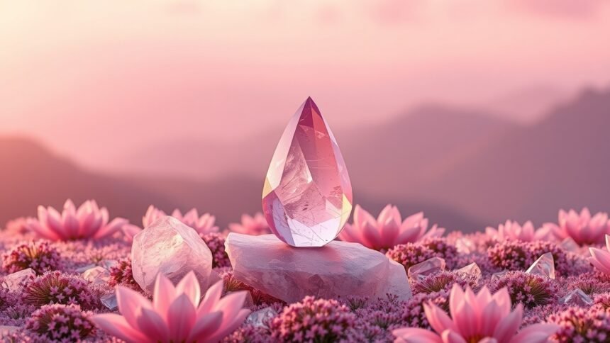 Cseresznyekvarc kristály rózsaszín virágok között