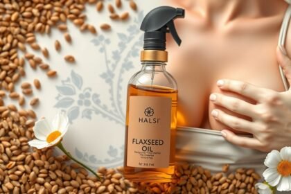 Lenmagolaj flakon lenmag és virágok között, mell egészsége