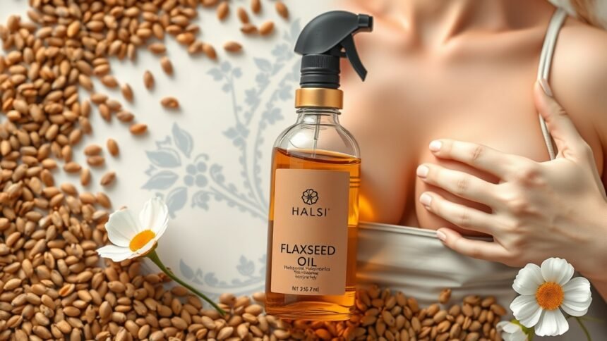 Lenmagolaj flakon lenmag és virágok között, mell egészsége