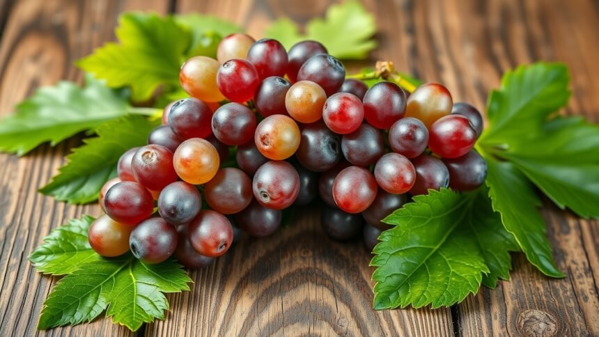 Friss szőlő fürt zöld levelekkel, fa háttér előtt.