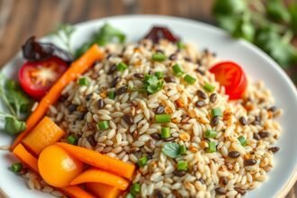 Tál vadrizzsel, zöldségekkel és friss fűszerekkel tálalva.