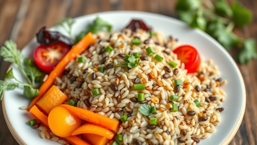 Tál vadrizzsel, zöldségekkel és friss fűszerekkel tálalva.