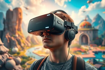 Férfi VR szemüveget visel, virtuális világ felfedezése közben