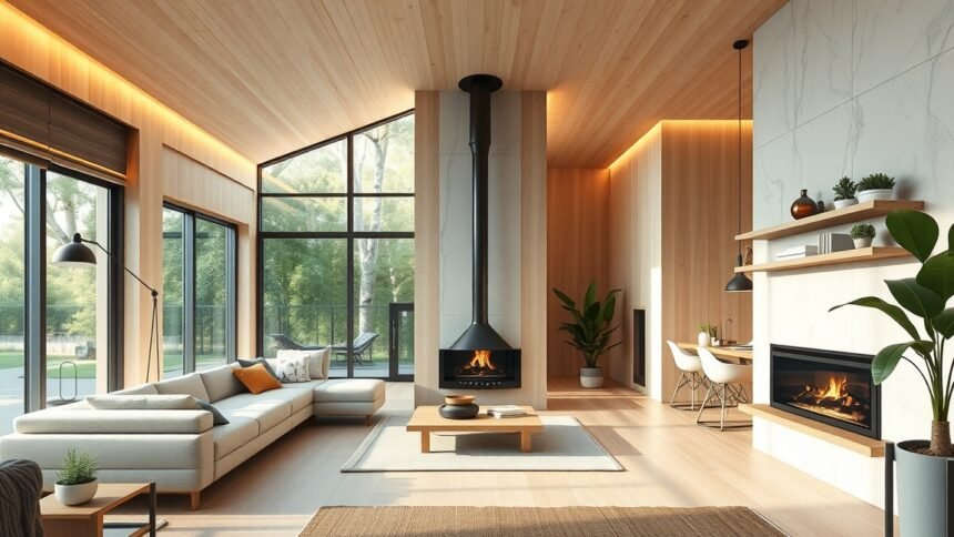 Modern nappali gravitációs fűtéssel és egészséges növényekkel.