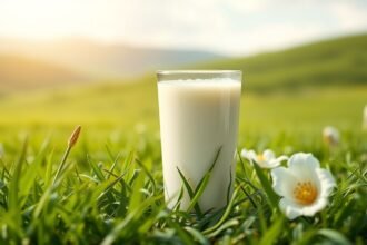 Kecsketej pohár fűben virágokkal, természetes előnyökkel