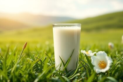 Kecsketej pohár fűben virágokkal, természetes előnyökkel