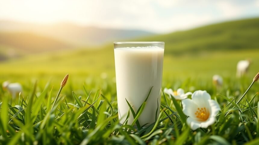 Kecsketej pohár fűben virágokkal, természetes előnyökkel