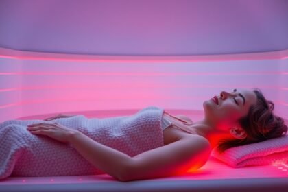 Nő relaxál infraszaunában, piros fényben, egészség és közérzet javítása