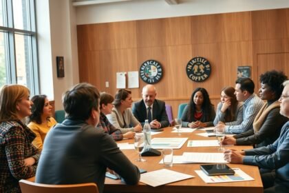 Helyi önkormányzati megbeszélés több résztvevővel.