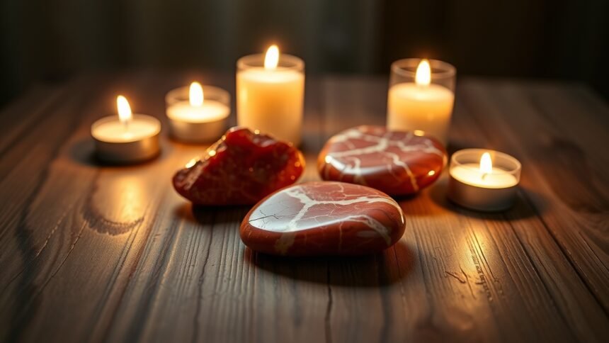 Vörös jáspis kövek gyertyák mellett, energetikai feltöltődéshez
