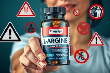 L-Arginin táplálékkiegészítő, figyelmeztető jelekkel az egészségügyi kockázatokra.