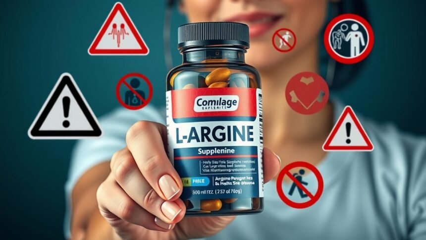 L-Arginin táplálékkiegészítő, figyelmeztető jelekkel az egészségügyi kockázatokra.