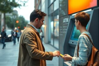 Két személy bankautomatánál készpénzfelvételnél.