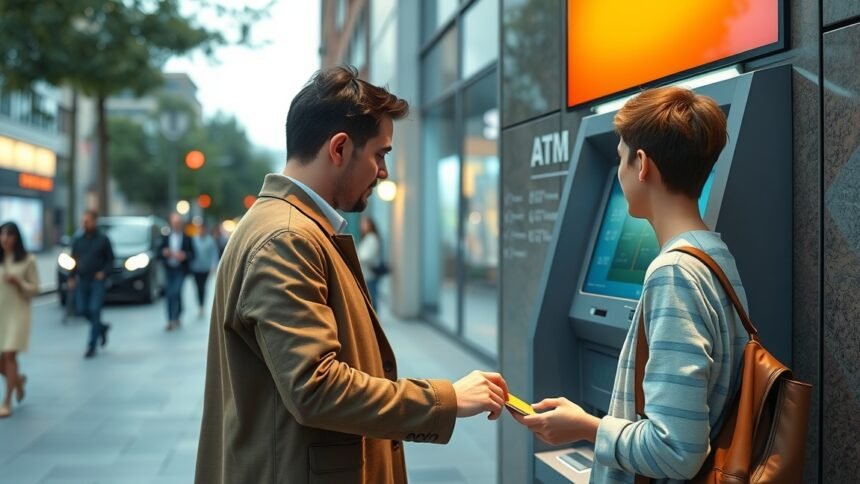 Két személy bankautomatánál készpénzfelvételnél.
