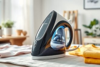 Modern vezeték nélküli vasaló kék fűtőtalppal, frissen vasalt ruhák mellett.