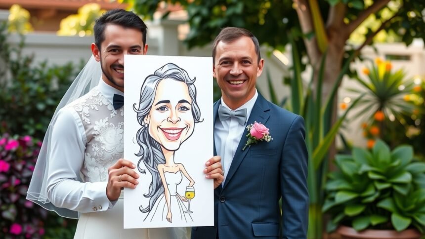 Örömteli esküvői karikatúra a párról, humoros emlék.