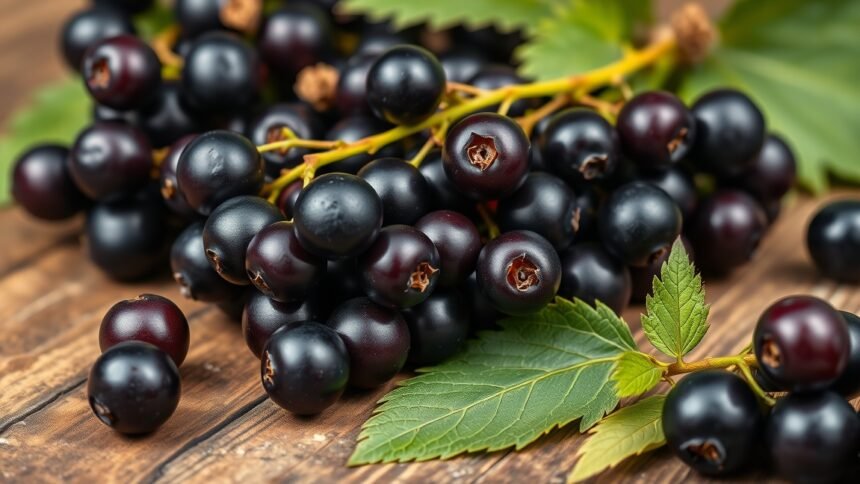 Feketeribizli bogyók friss levelekkel, fából készült háttéren