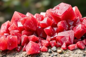 Friss, csillogó vanadinit kristályok csoportja, természetes környezetben.