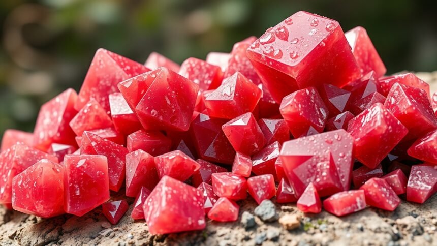 Friss, csillogó vanadinit kristályok csoportja, természetes környezetben.