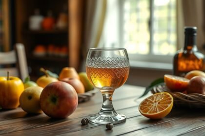 Pálinkás pohár gyümölcsök társaságában, tipikus magyar ital.