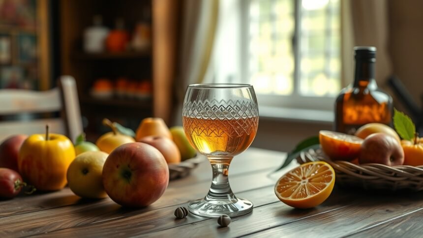 Pálinkás pohár gyümölcsök társaságában, tipikus magyar ital.