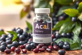 Acai bogyó kapszula és friss acai bogyók a háttérben.