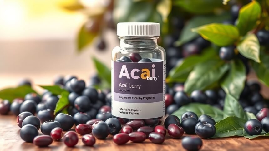 Acai bogyó kapszula és friss acai bogyók a háttérben.