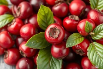 Friss vörös áfonya levelek és gyümölcsök halmaza.