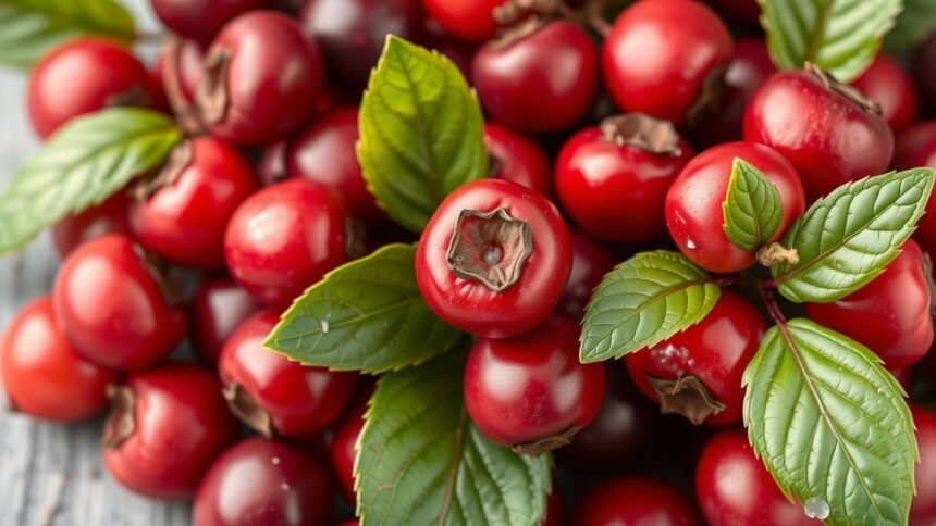 Friss vörös áfonya levelek és gyümölcsök halmaza.