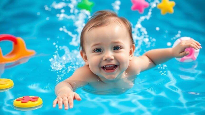 Babaúszás öröme és fejlődése a vízben játszó kisgyerekkel.