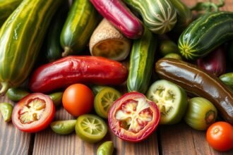 Friss zöldségek, például paprika, paradicsom és uborka, egy faasztalon.