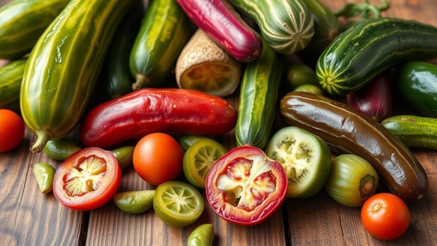 Friss zöldségek, például paprika, paradicsom és uborka, egy faasztalon.