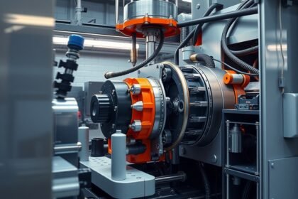 Fröccsöntő gép alkatrészei belső nézetben a műanyagiparban.