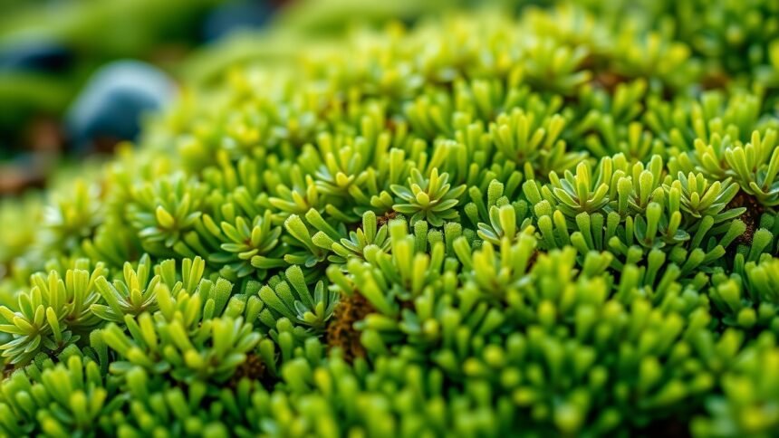 Izlandi zuzmó dús zöld növények közelről