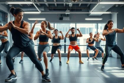 Csoportos Tabata edzés a teremben, intenzív mozgás közben.