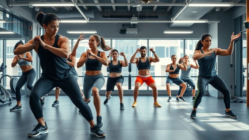 Csoportos Tabata edzés a teremben, intenzív mozgás közben.