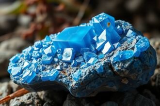 Dumortierit ásvány természetes kék kristályai köveken