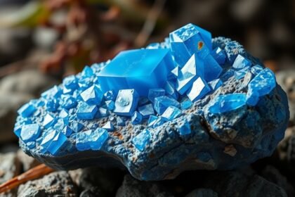 Dumortierit ásvány természetes kék kristályai köveken