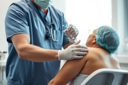 Orvos kálium injekciót alkalmaz egy beteg hátán egy klinikai környezetben.