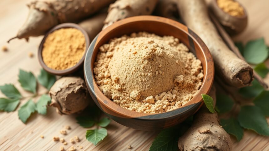 Maca por egy fából készült tálban, körülötte friss levelek és gyökeres maca