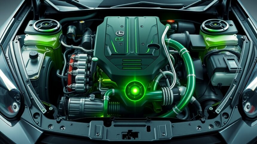 Hibrid hajtású autó motorja zöld LED világítással