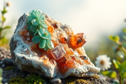 Színes turkinit ásványok egy kövön, természetes környezetben.