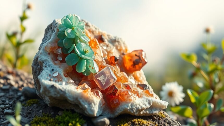 Színes turkinit ásványok egy kövön, természetes környezetben.