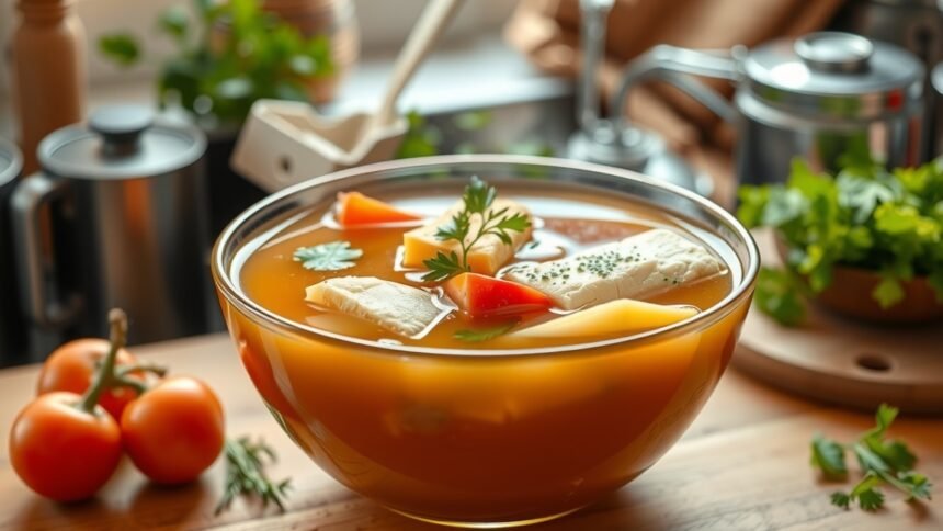 Tál húsleves friss zöldségekkel, tápláló és egészséges étel.