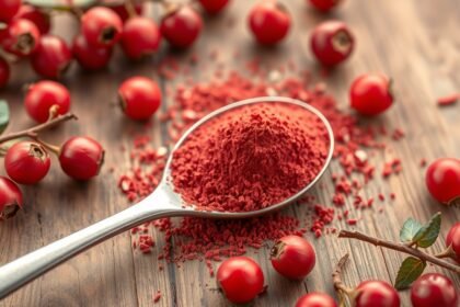 Csipkebogyópor és bogyók egy kanálban.