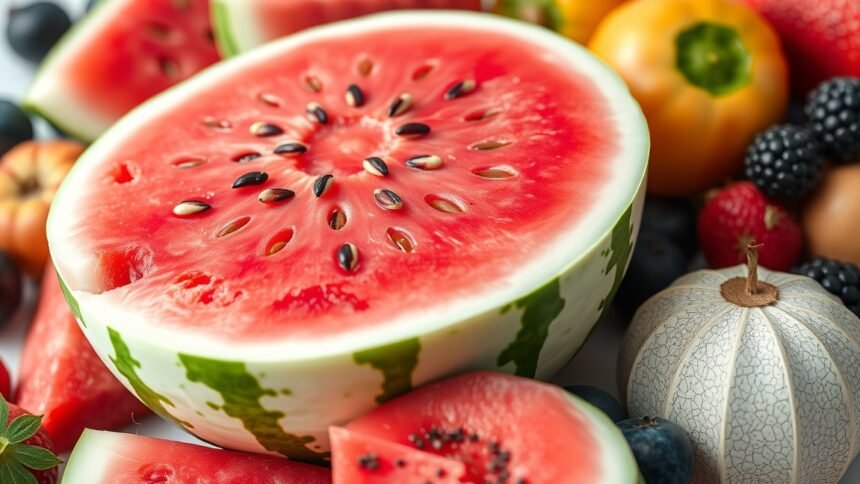Friss, szeletelt dinnye és vegyes gyümölcsök egy tányéron.