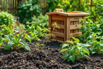 Kert komposztáló és friss növények a talajban.