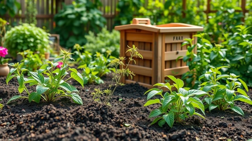 Kert komposztáló és friss növények a talajban.