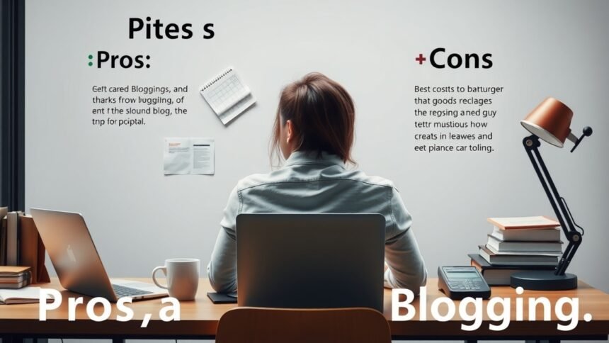 Egy nő a blogolás pros és cons listájával ül az íróasztalánál.